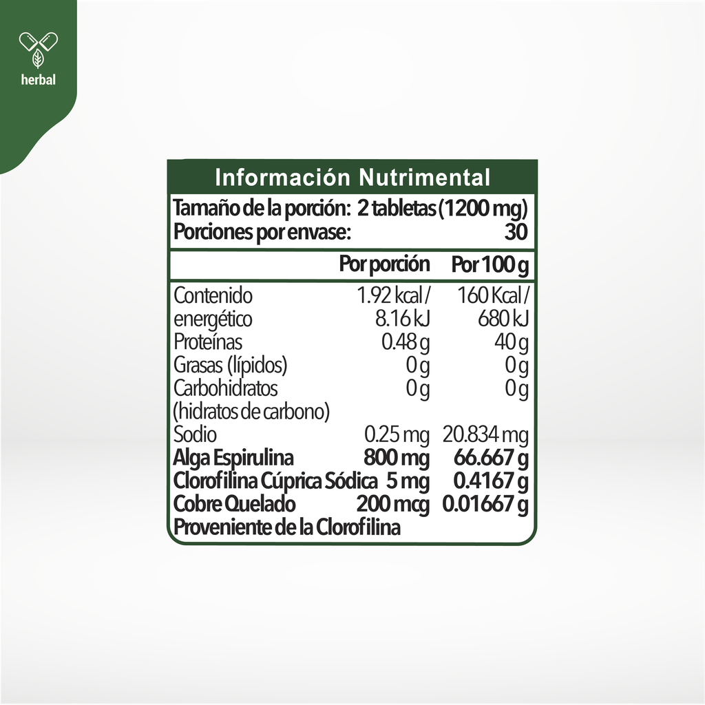 Espirulina Orgánica 60 tabletas de 600 mg