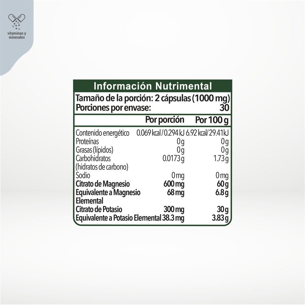 Citrato de magnesio + Potasio 60 cápsulas 500 mg